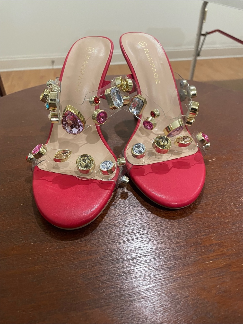 Rampage Pink Jeweled Clear-Strap Slide Heels